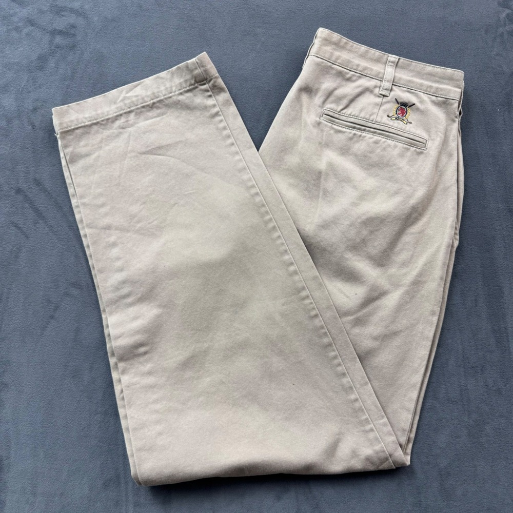 Tommy Hilfiger Golf Mens Chinos 34x32 Khaki Tan Pleated Cotton Pants Logo Crest